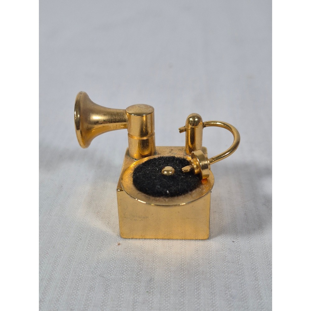 Vintage Gold Tone Miniature Gramophone Figurine Record Player Dollhouse Decor
